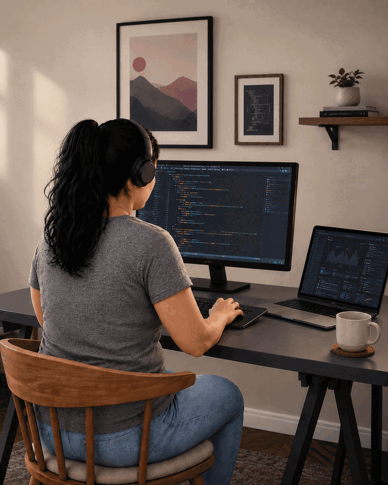 Snezana Jovic coding at her desk, seen from behind